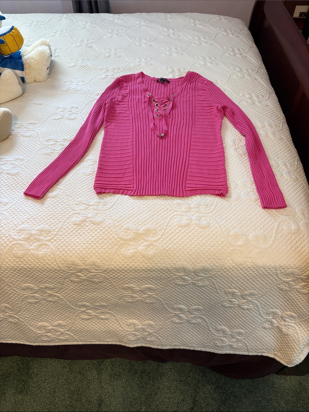 INC International Concepts Fuchsia Ribbed Lace-Up V-Neck Sweater